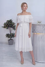 Beyaz Madonna Carmen Fırfır Yaka Büyük Beden Şifon Elbise