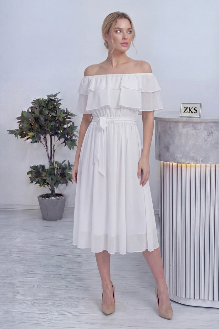 Beyaz Madonna Carmen Fırfır Yaka Büyük Beden Şifon Elbise