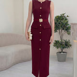 Bordo Gold Düğmeli Sıfır Kol Kalem Elbise