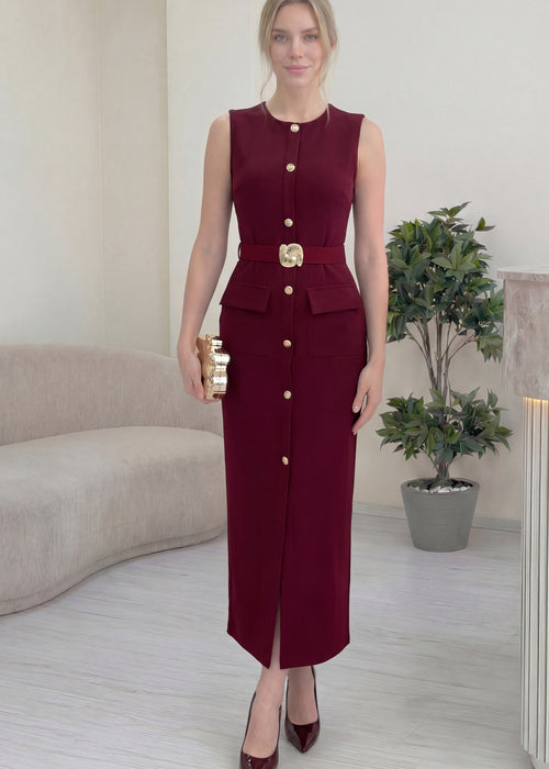 Bordo Gold Düğmeli Sıfır Kol Kalem Elbise