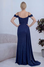 Lacivert Askılı Düşük Omuz Yırtmaç Detay Abiye Elbise