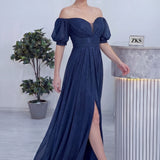 Kadın Lacivert Kısa Kol Drapeli Abiye Elbise