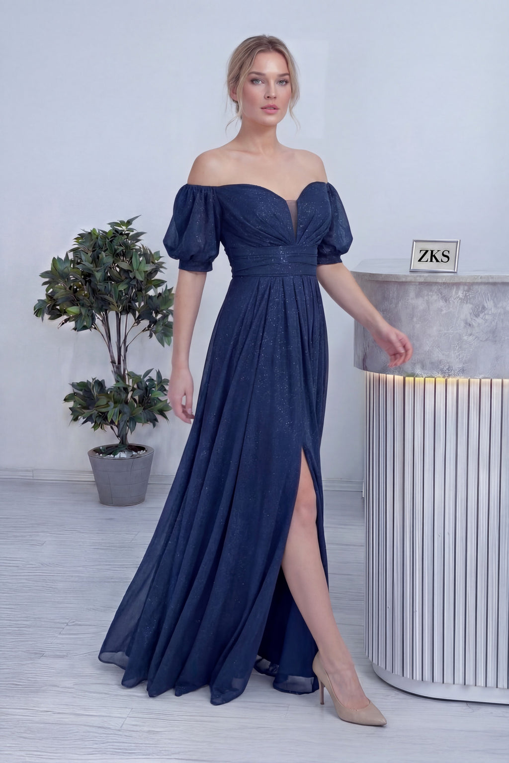 Kadın Lacivert Kısa Kol Drapeli Abiye Elbise