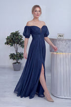 Kadın Lacivert Kısa Kol Drapeli Abiye Elbise