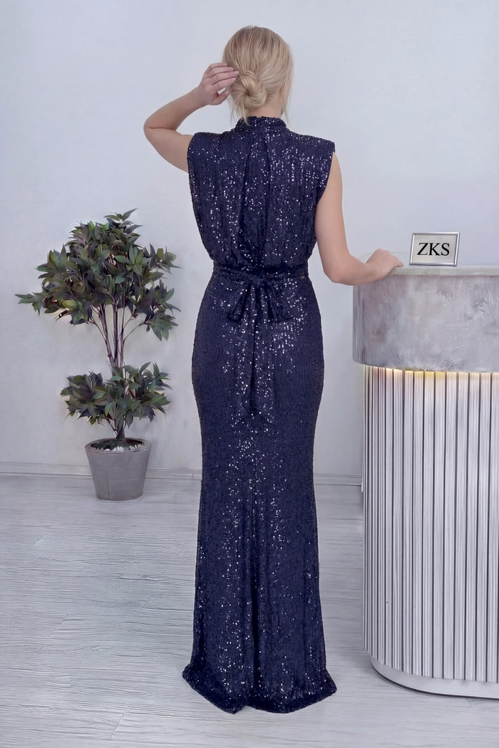 Kadın Lacivert Dik Yaka Kuşak Detay Yırtmaçlı Pul Payet Abiye Elbise