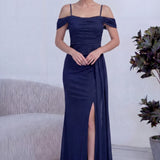 Lacivert Askılı Düşük Omuz Yırtmaç Detay Abiye Elbise