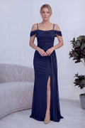 Lacivert Askılı Düşük Omuz Yırtmaç Detay Abiye Elbise