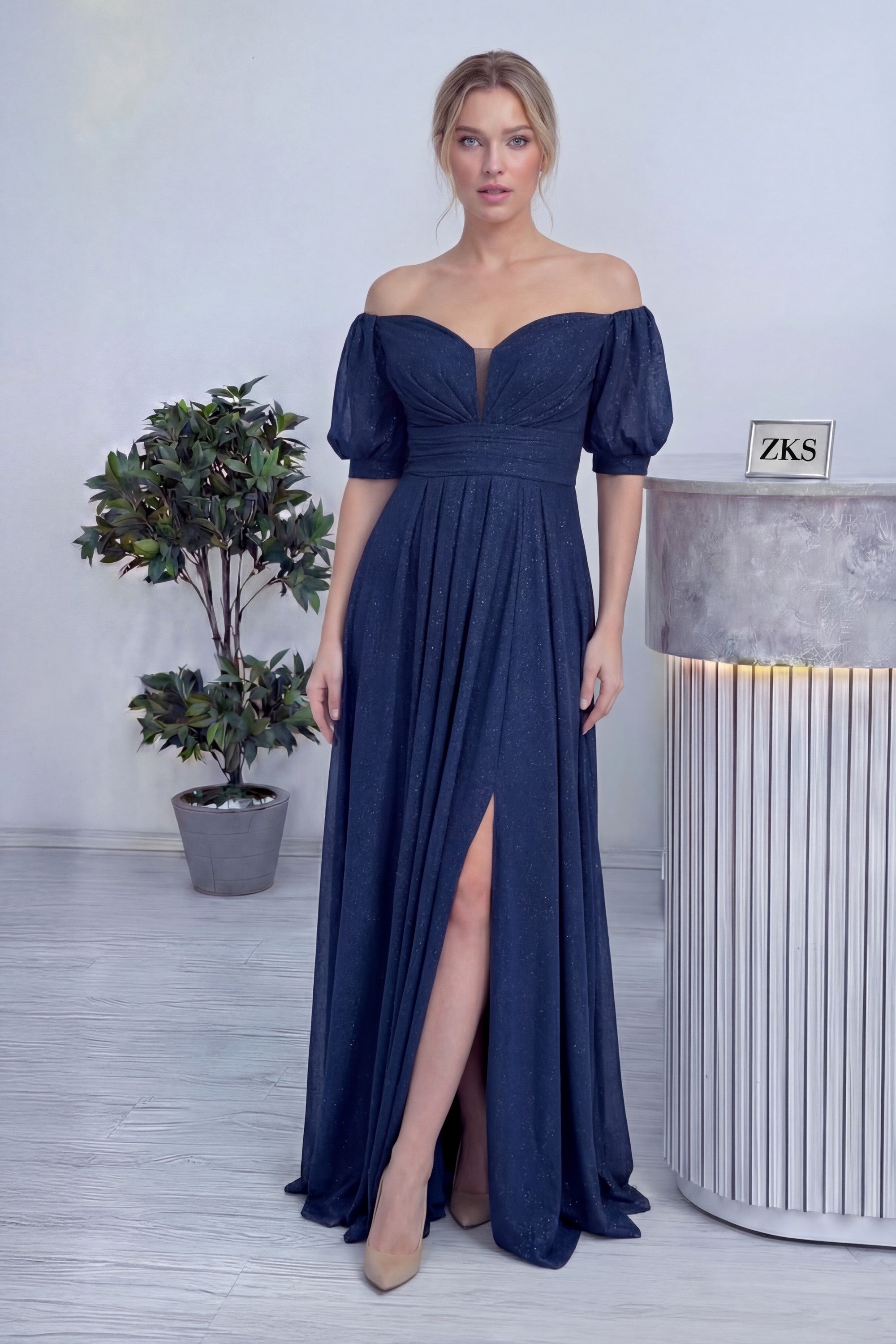 Kadın Lacivert Kısa Kol Drapeli Abiye Elbise