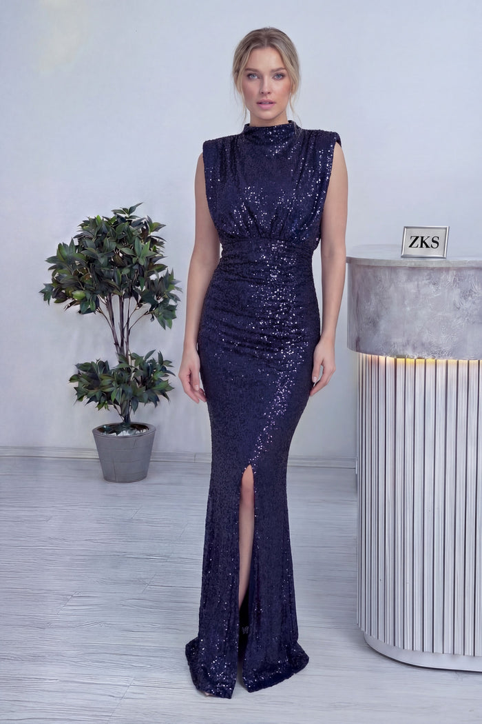 Kadın Lacivert Dik Yaka Kuşak Detay Yırtmaçlı Pul Payet Abiye Elbise