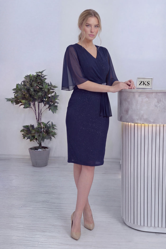 Lacivert Taş Detaylı Volan Kol Simli Abiye Elbise