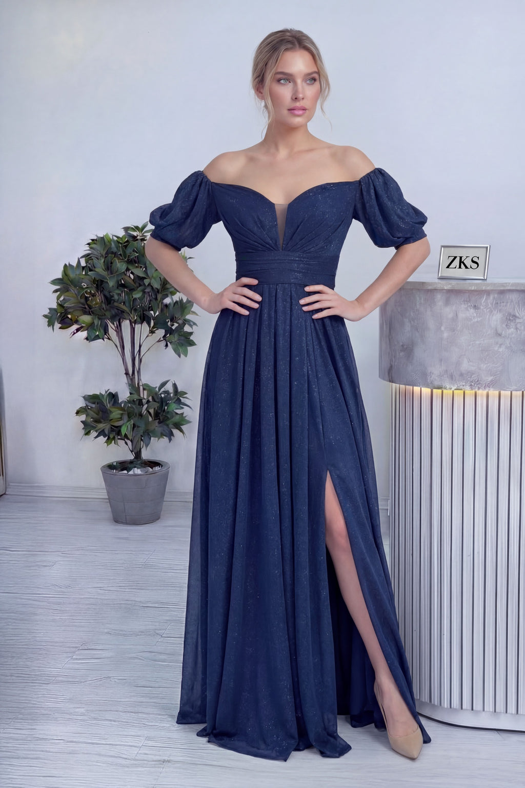 Kadın Lacivert Kısa Kol Drapeli Abiye Elbise