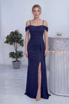 Lacivert Askılı Düşük Omuz Yırtmaç Detay Abiye Elbise