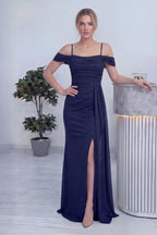 Lacivert Askılı Düşük Omuz Yırtmaç Detay Abiye Elbise