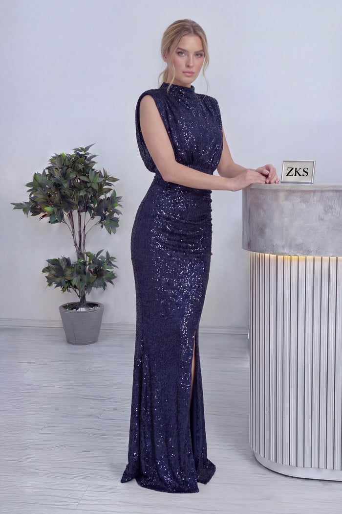 Kadın Lacivert Dik Yaka Kuşak Detay Yırtmaçlı Pul Payet Abiye Elbise