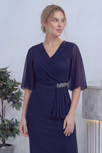 Lacivert Taş Detaylı Volan Kol Simli Abiye Elbise