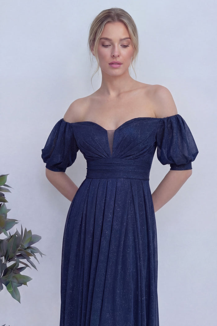 Kadın Lacivert Kısa Kol Drapeli Abiye Elbise