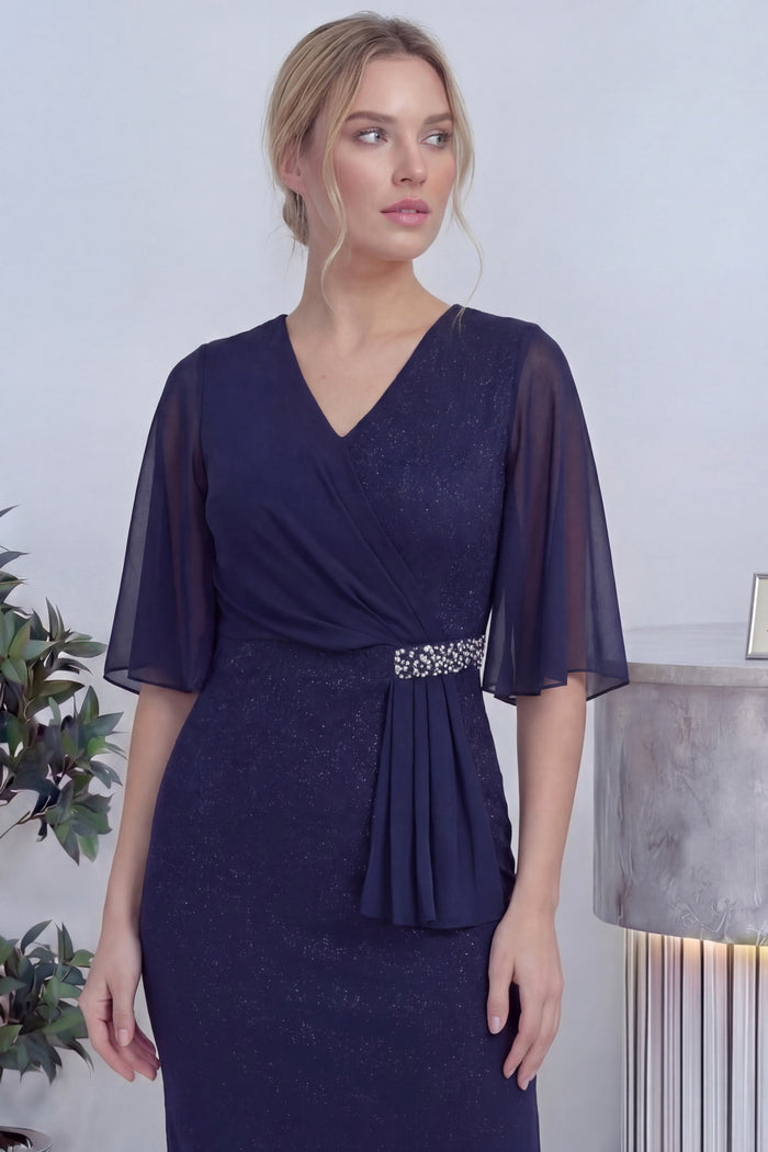 Lacivert Taş Detaylı Volan Kol Simli Abiye Elbise