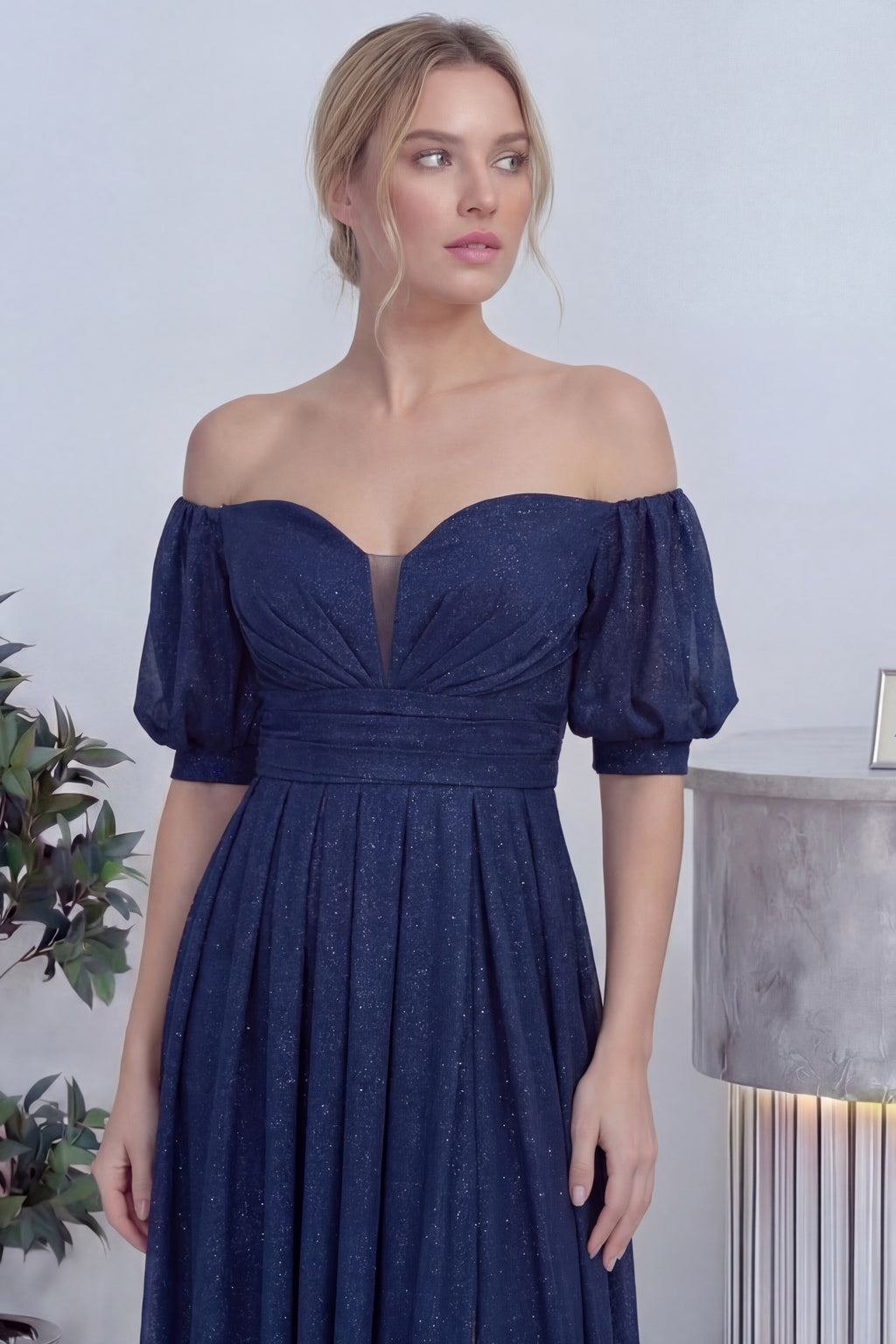 Kadın Lacivert Kısa Kol Drapeli Abiye Elbise