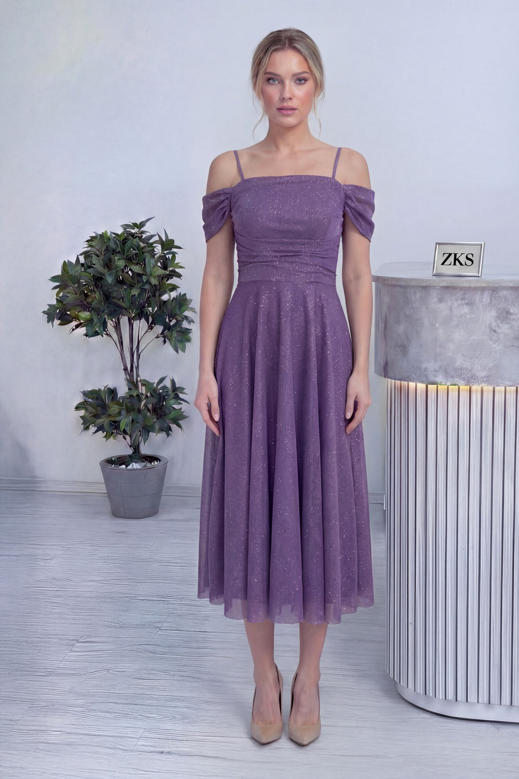 Kadın Lila Midi Boy Kloş Askılı Düşük Omuz Abiye Elbise