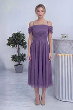 Kadın Lila Midi Boy Kloş Askılı Düşük Omuz Abiye Elbise