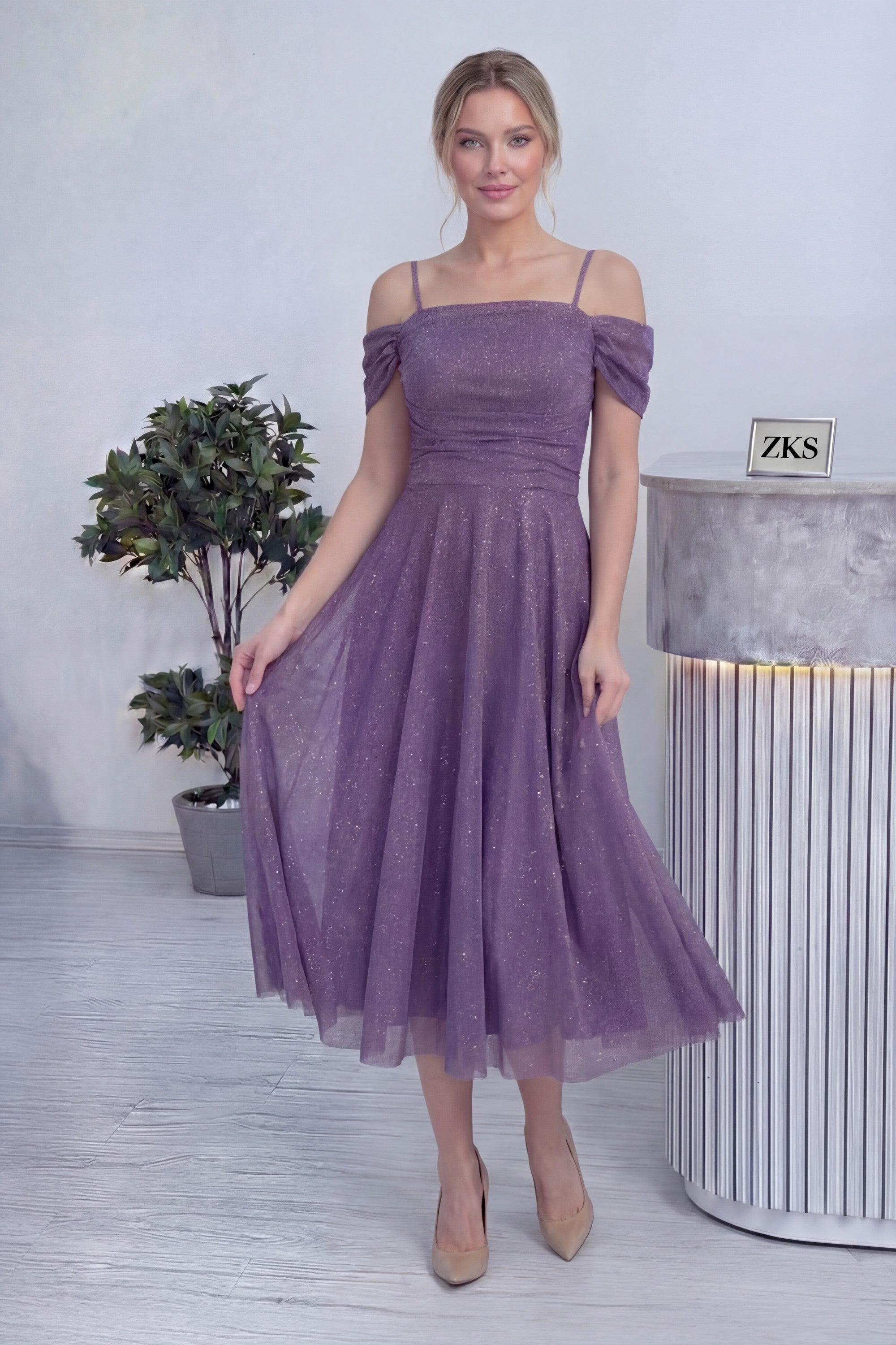 Kadın Lila Midi Boy Kloş Askılı Düşük Omuz Abiye Elbise