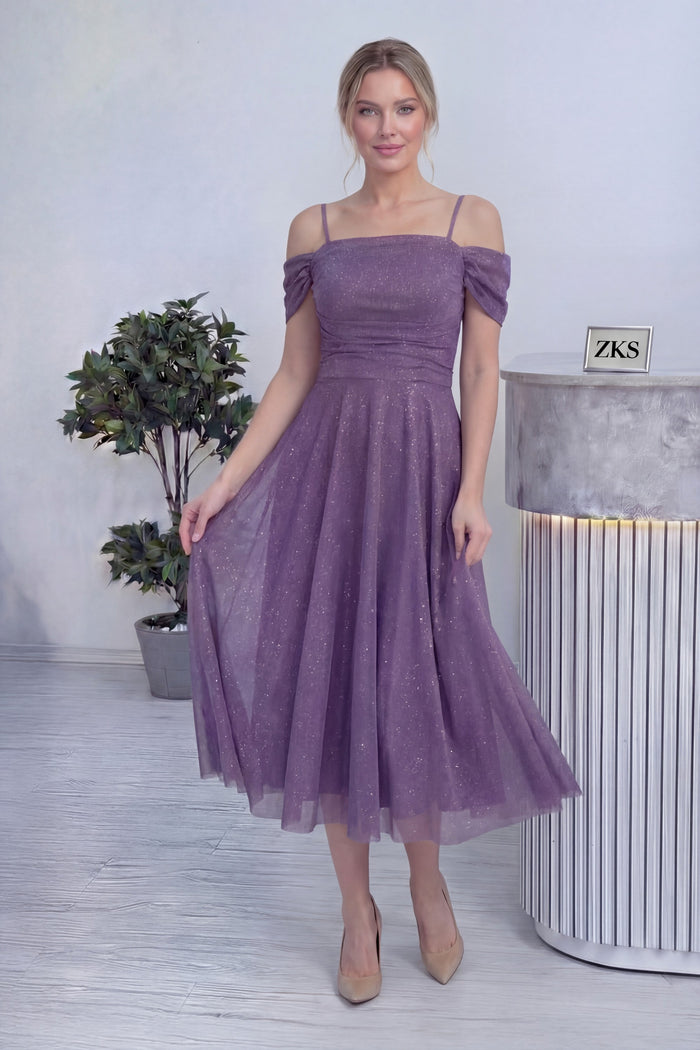 Kadın Lila Midi Boy Kloş Askılı Düşük Omuz Abiye Elbise