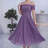 Kadın Lila Midi Boy Kloş Askılı Düşük Omuz Abiye Elbise