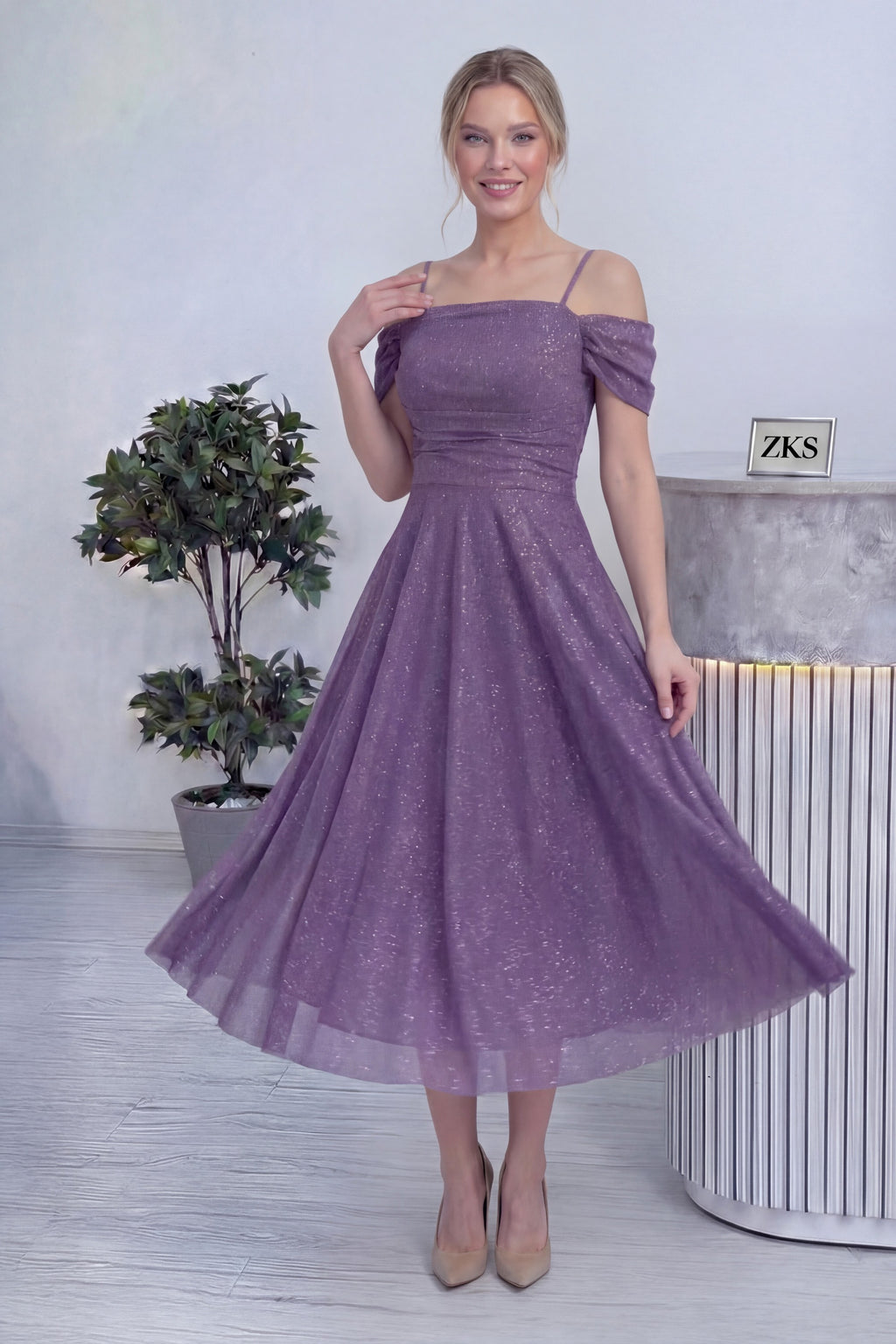 Kadın Lila Midi Boy Kloş Askılı Düşük Omuz Abiye Elbise