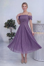 Kadın Lila Midi Boy Kloş Askılı Düşük Omuz Abiye Elbise