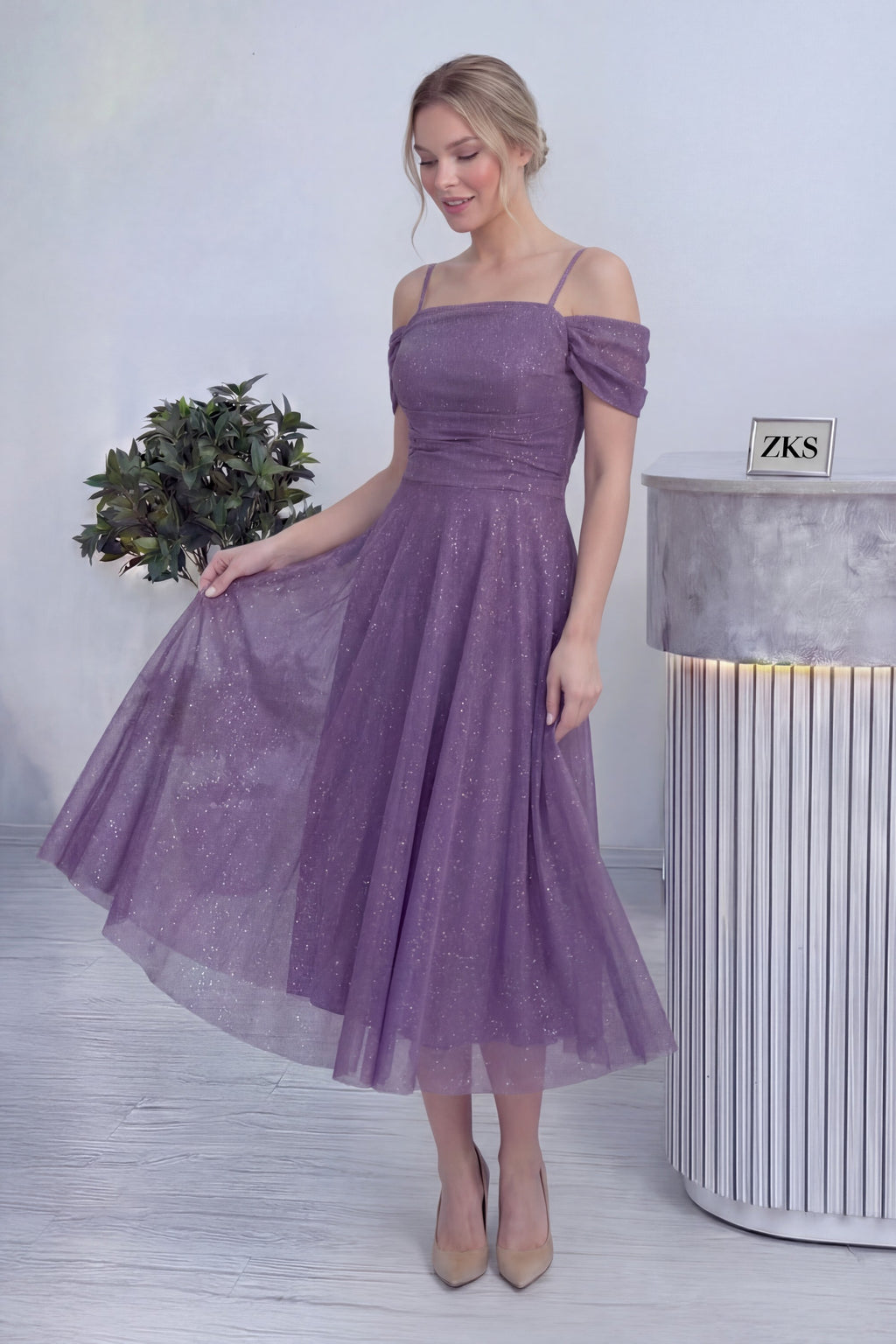 Kadın Lila Midi Boy Kloş Askılı Düşük Omuz Abiye Elbise