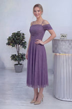 Kadın Lila Midi Boy Kloş Askılı Düşük Omuz Abiye Elbise