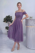 Kadın Lila Midi Boy Kloş Askılı Düşük Omuz Abiye Elbise