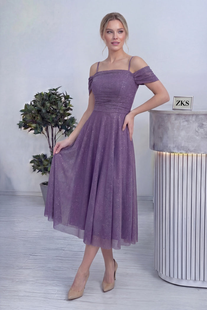 Kadın Lila Midi Boy Kloş Askılı Düşük Omuz Abiye Elbise