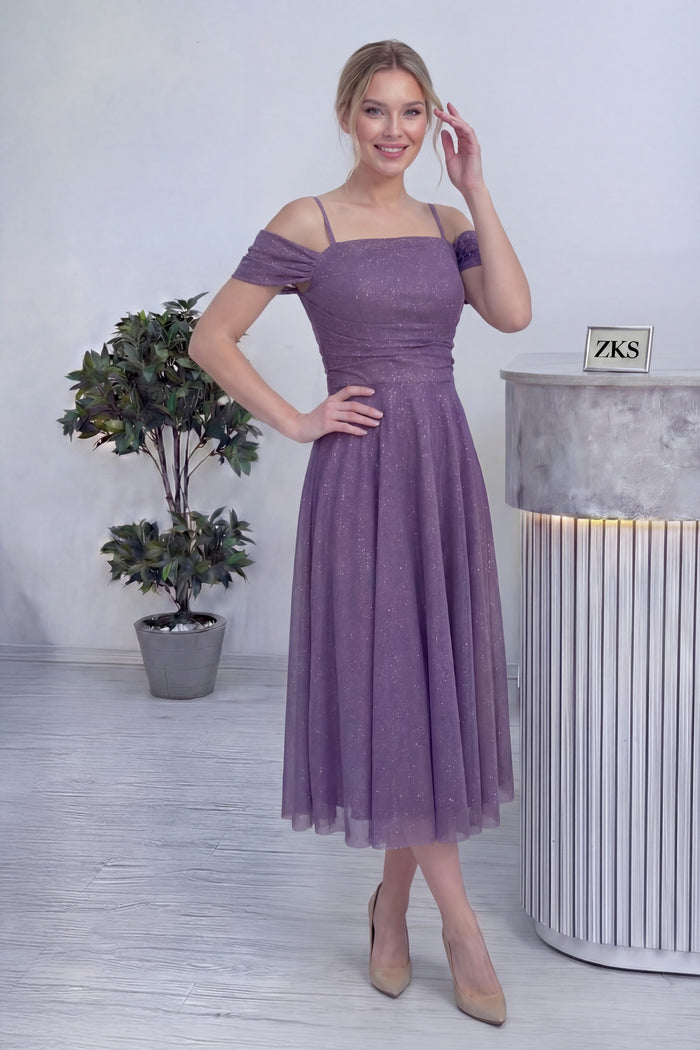 Kadın Lila Midi Boy Kloş Askılı Düşük Omuz Abiye Elbise