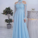 Bebe Mavisi Tül Drapeli Kloş Abiye