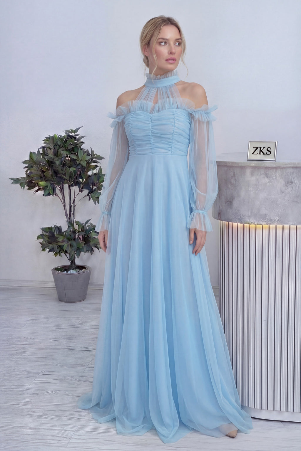 Bebe Mavisi Tül Drapeli Kloş Abiye