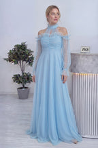 Bebe Mavisi Tül Drapeli Kloş Abiye