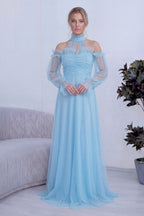 Bebe Mavisi Tül Drapeli Kloş Abiye