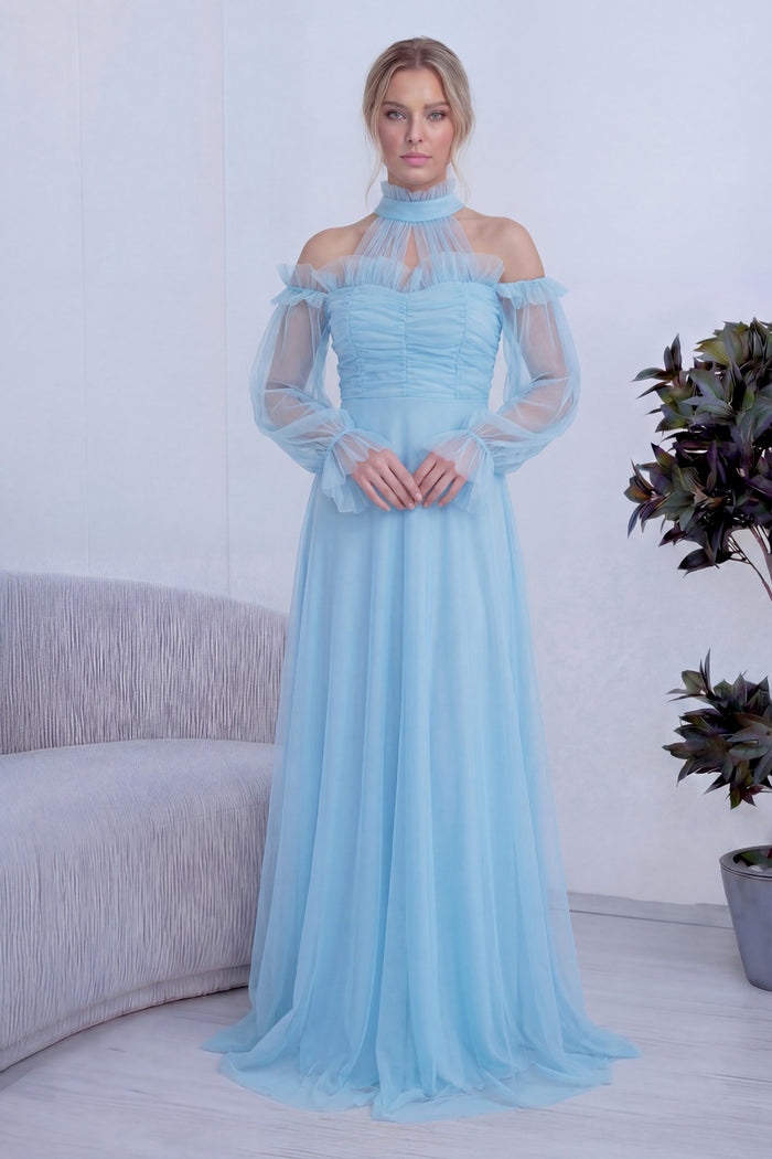 Bebe Mavisi Tül Drapeli Kloş Abiye