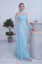 Bebe Mavisi Tül Drapeli Kloş Abiye