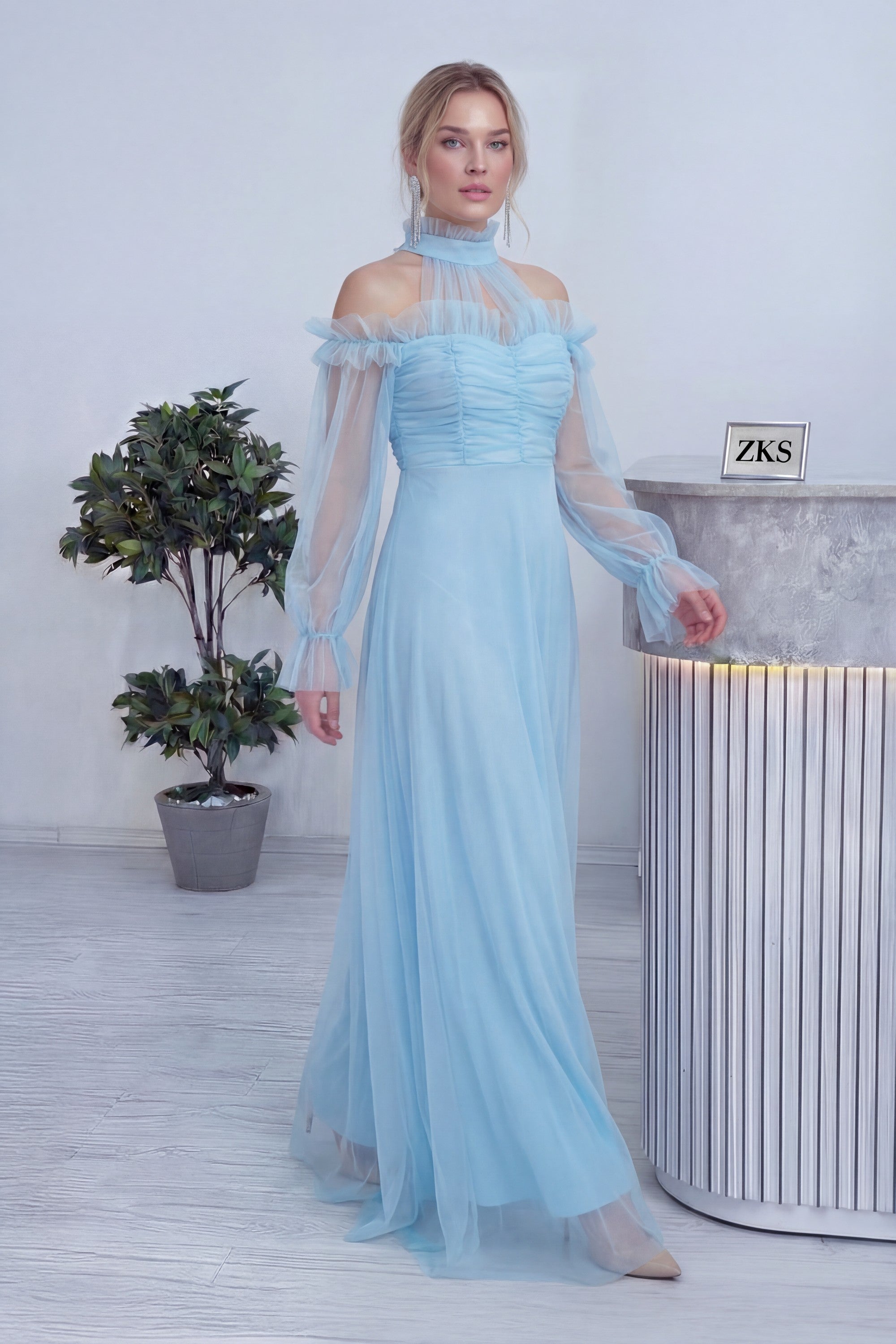 Bebe Mavisi Tül Drapeli Kloş Abiye