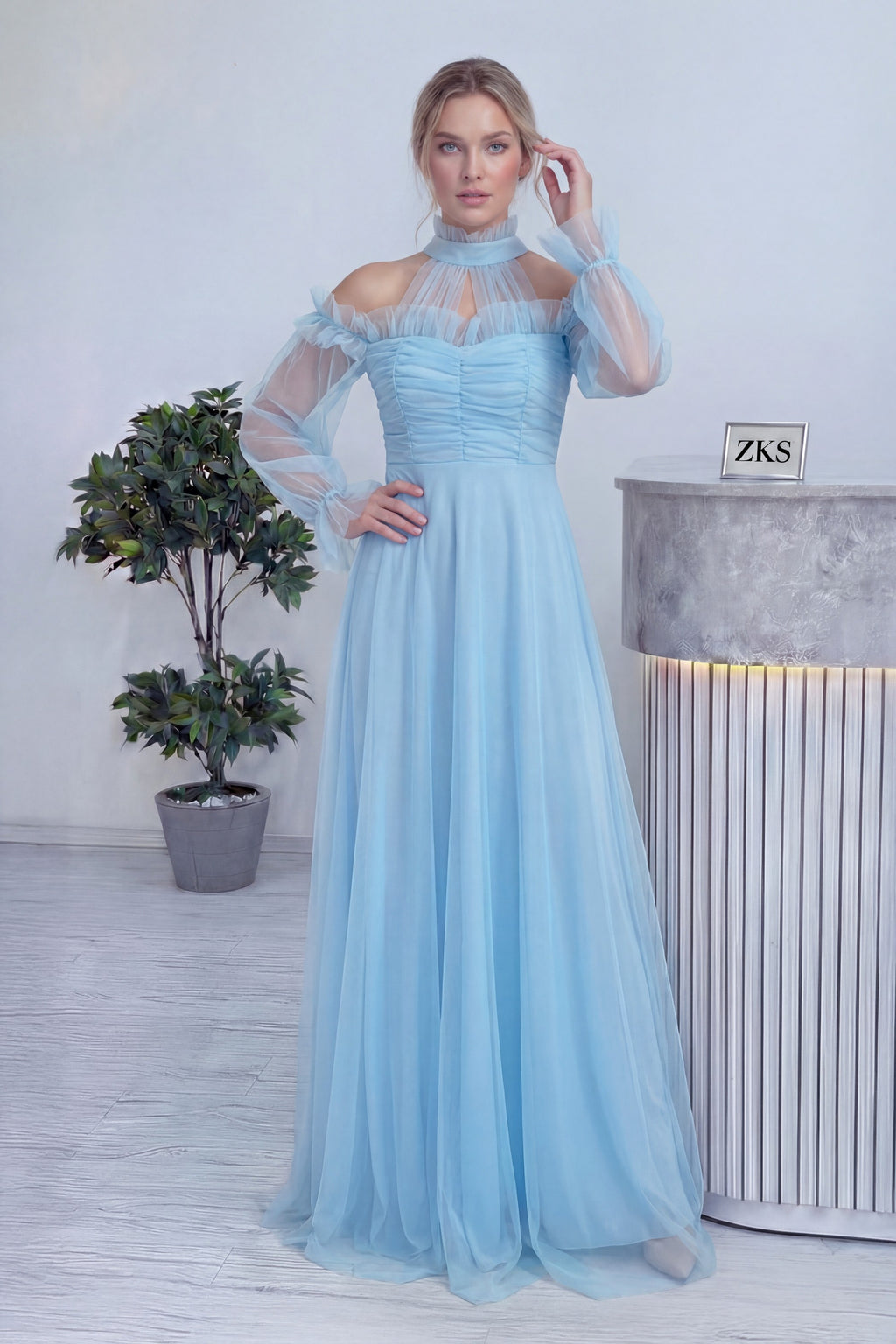 Bebe Mavisi Tül Drapeli Kloş Abiye