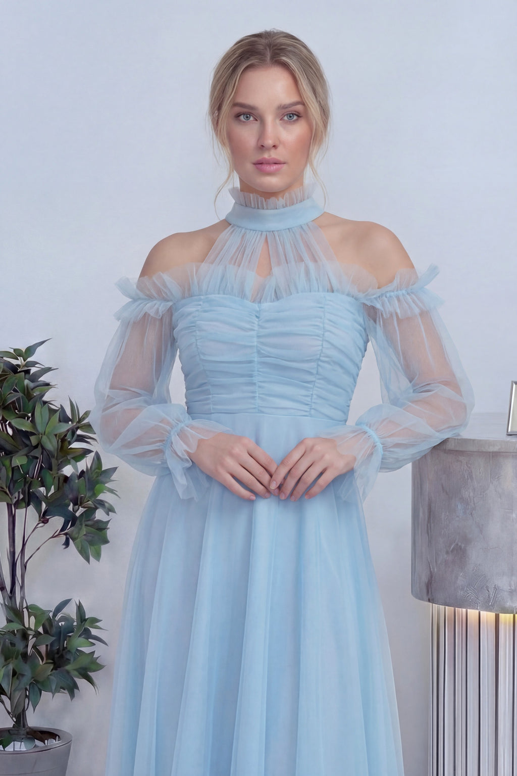 Bebe Mavisi Tül Drapeli Kloş Abiye