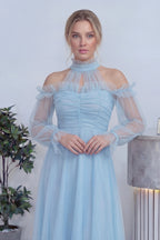 Bebe Mavisi Tül Drapeli Kloş Abiye