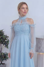 Bebe Mavisi Tül Drapeli Kloş Abiye