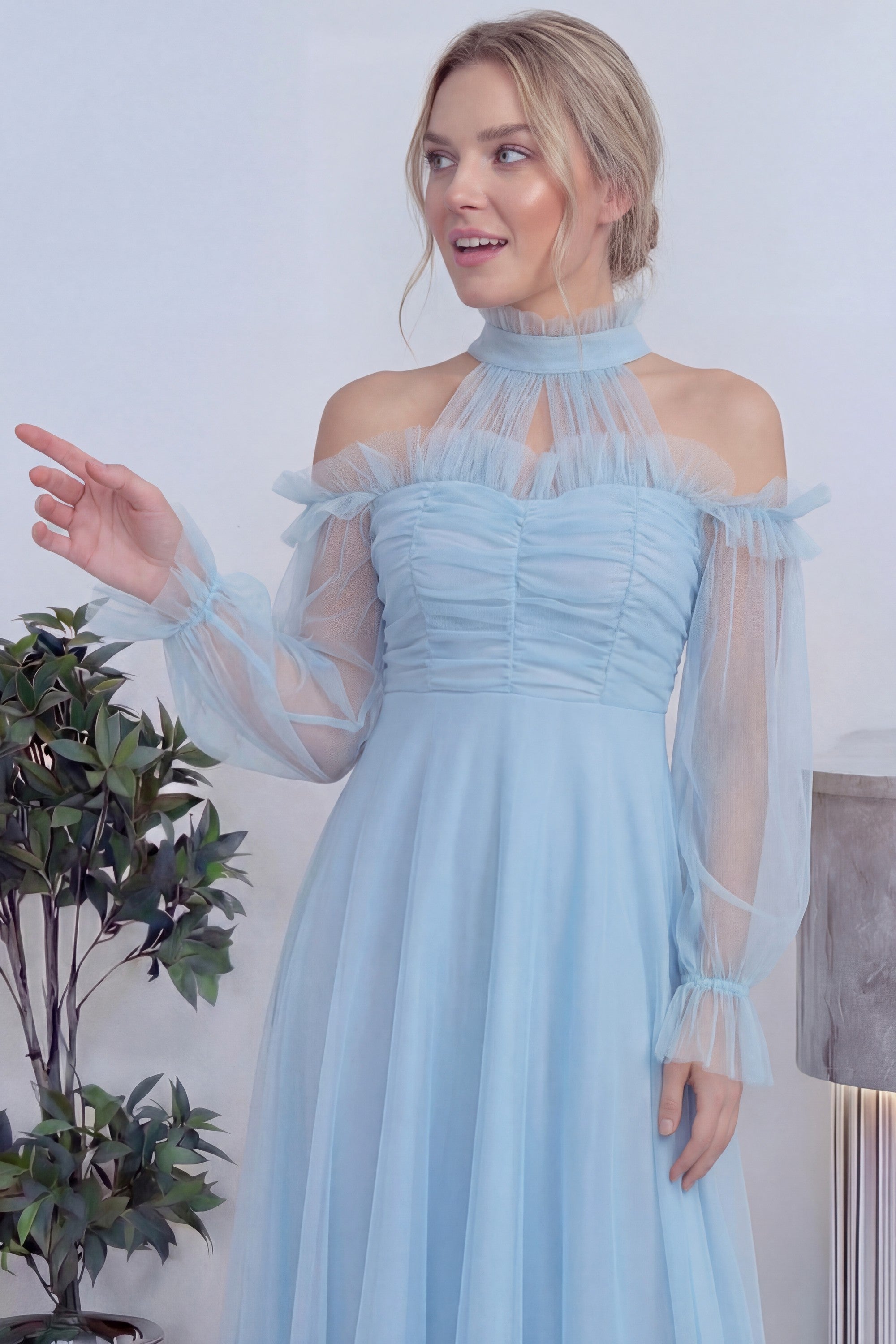 Bebe Mavisi Tül Drapeli Kloş Abiye