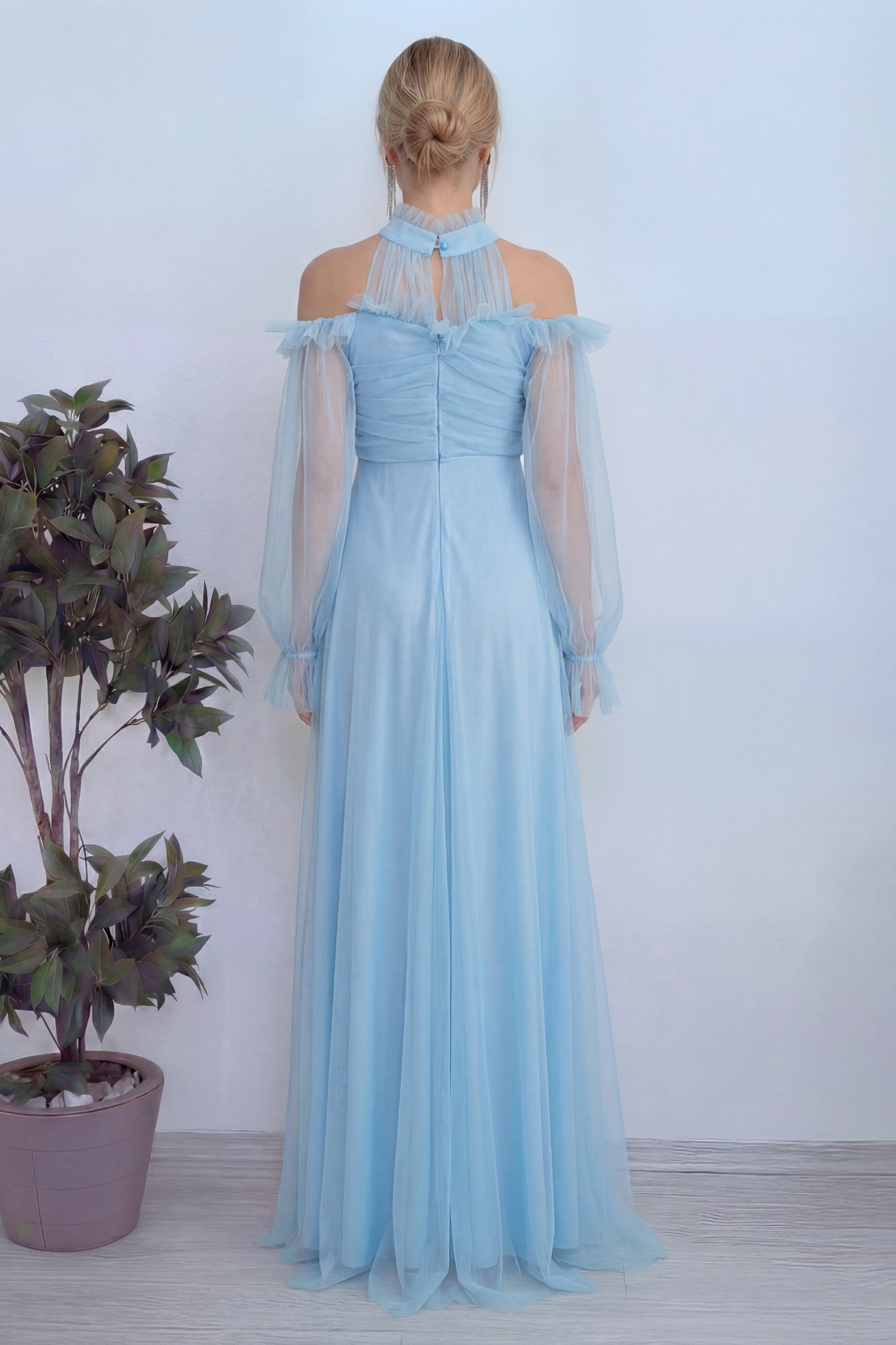 Bebe Mavisi Tül Drapeli Kloş Abiye