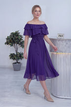 Mor Madonna Carmen Fırfır Yaka Büyük Beden Şifon Elbise