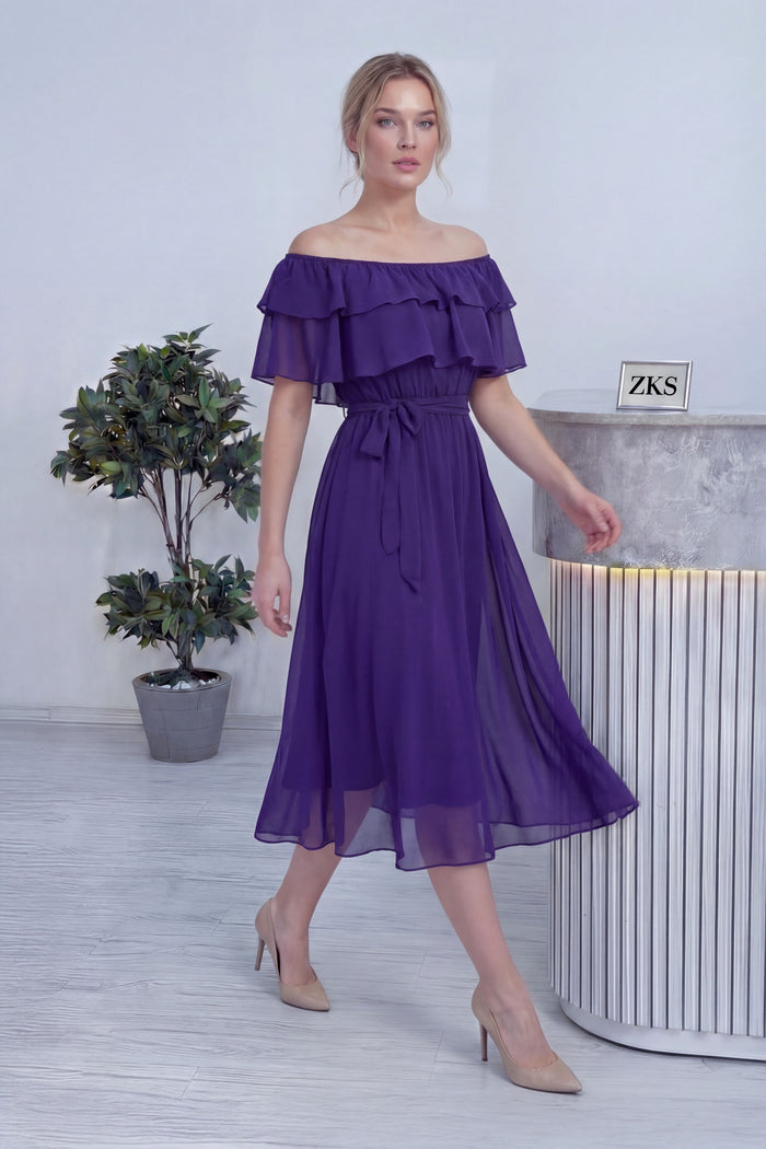 Mor Madonna Carmen Fırfır Yaka Büyük Beden Şifon Elbise