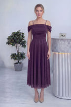 Kadın Mor Midi Boy Kloş Askılı Düşük Omuz Abiye Elbise